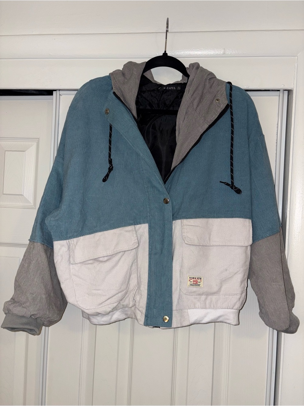 Zaful Colorblock Corduroy Hooded Kids Jacket - Blue, White & Gray